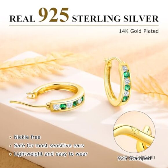 Sterling Silver or 14K Gold Plated Chunky Hoop Earrings with CZ Stones - Picture 5 of 7